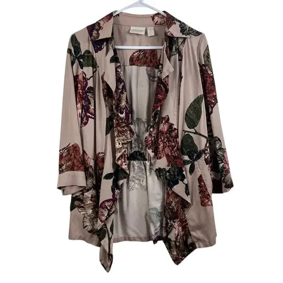 Romantic Pink Floral Ruffle Chico's Open Front Cinched Back Jacket Small Spring - Picture 1 of 12